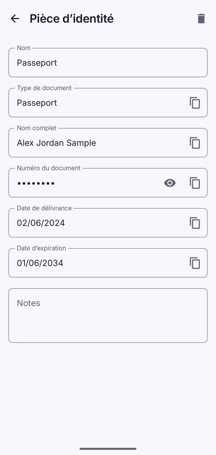 Les infos du passeport enregistrées dans le coffre