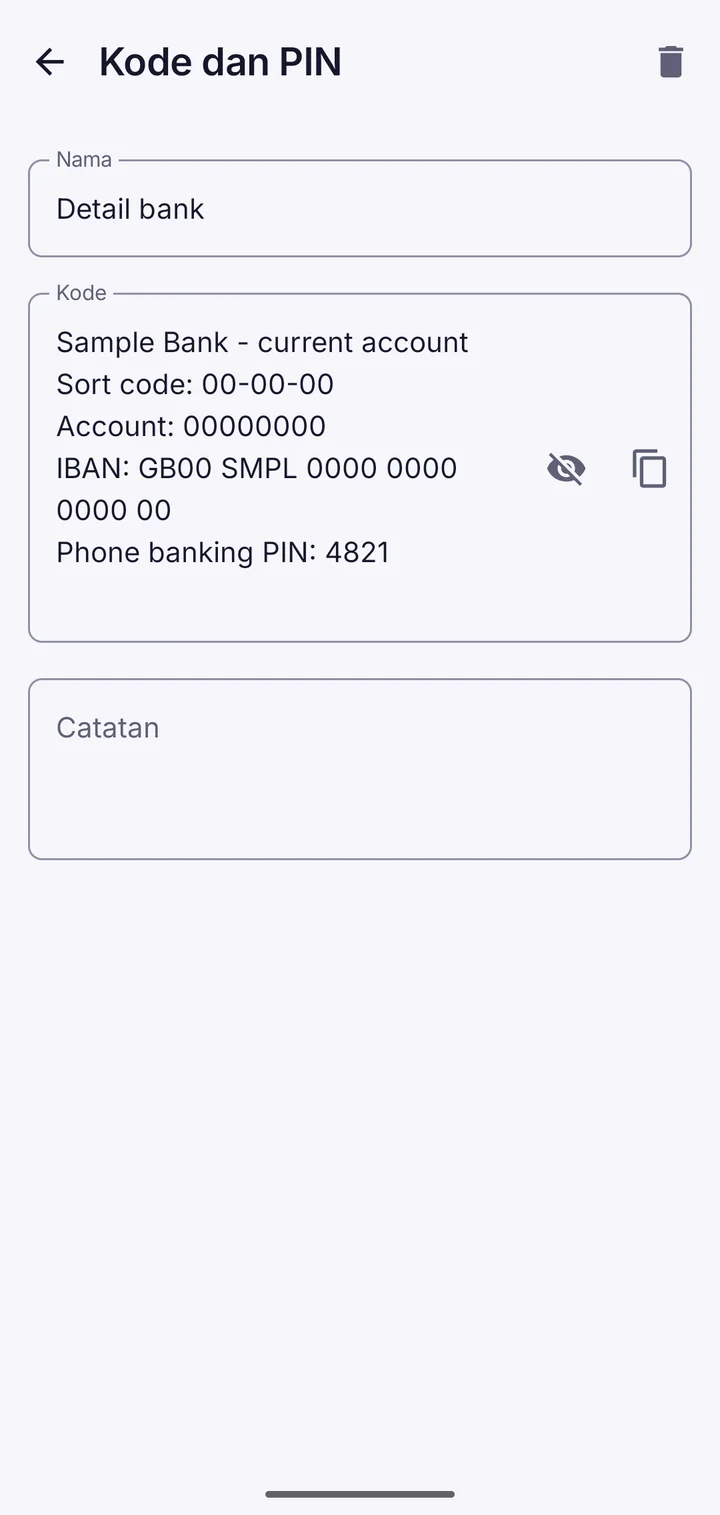 Vault This menampilkan detail perbankan