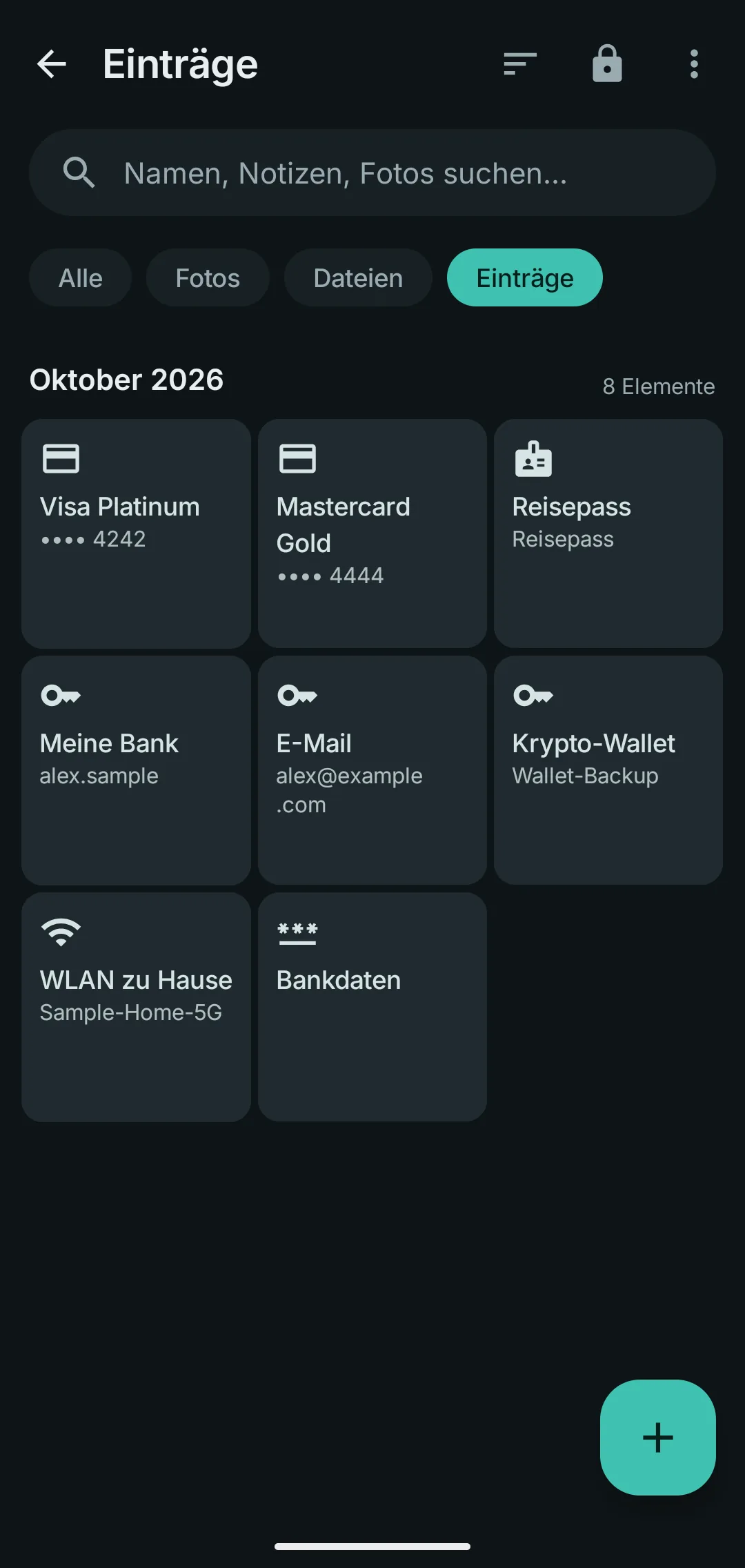 Bankkarten und Passwörter, im Tresor gespeichert