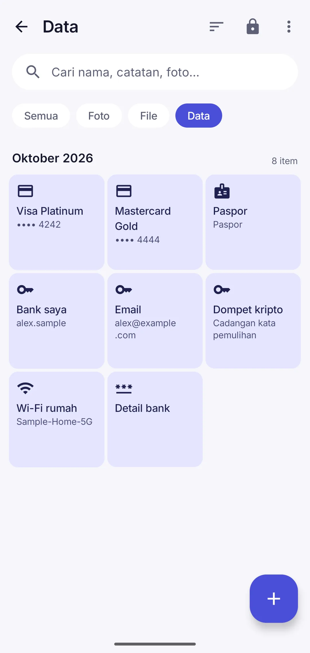 Kartu bank dan kata sandi tersimpan di brankas